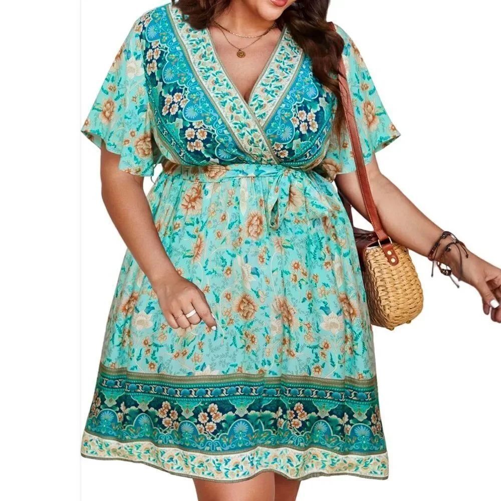 Women V-Neck Bohemian Blue Floral Print Short Summer Dress Cover Up Size XL NEW